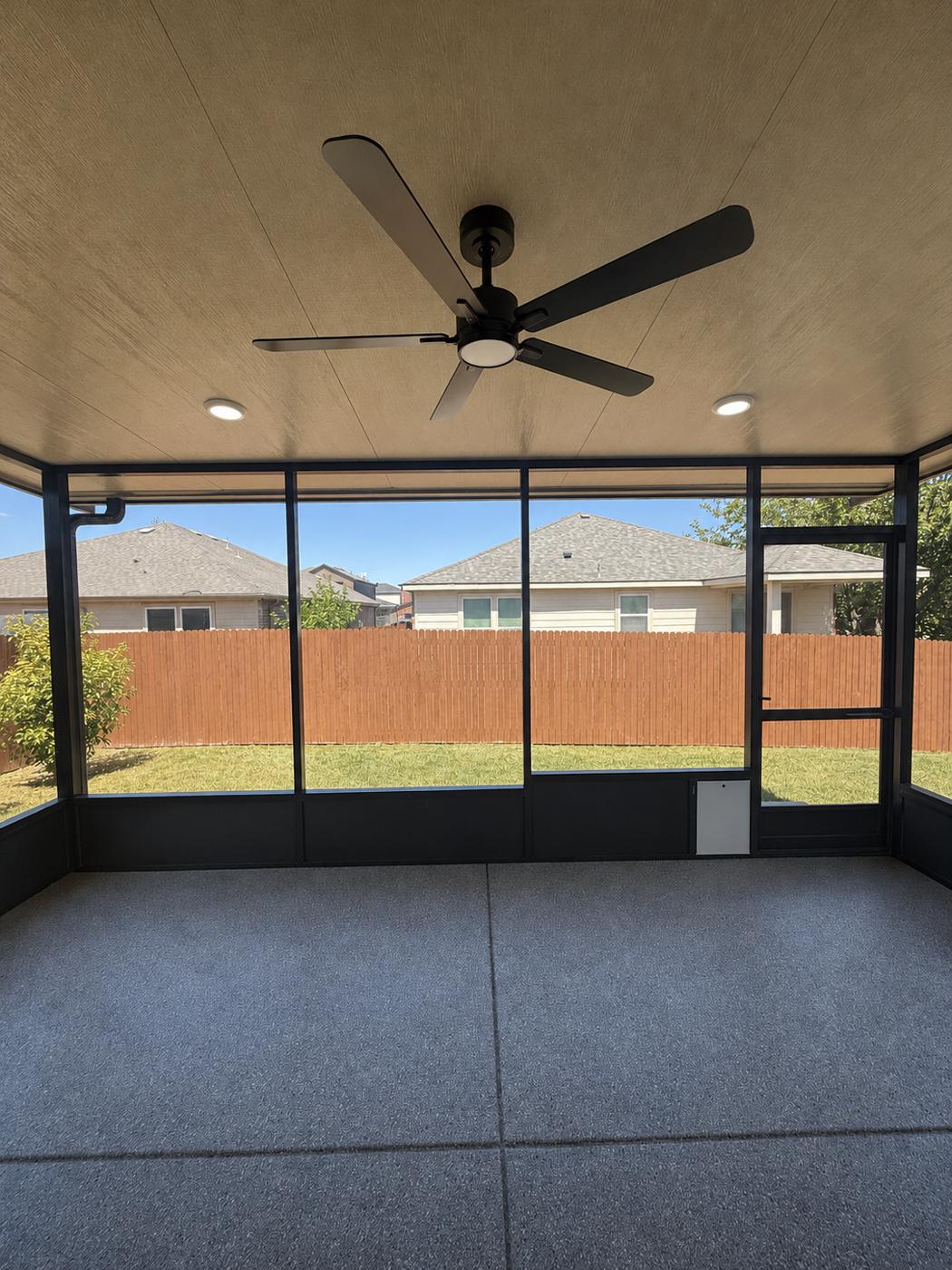 Coated floor across a screen room, wall to wall
